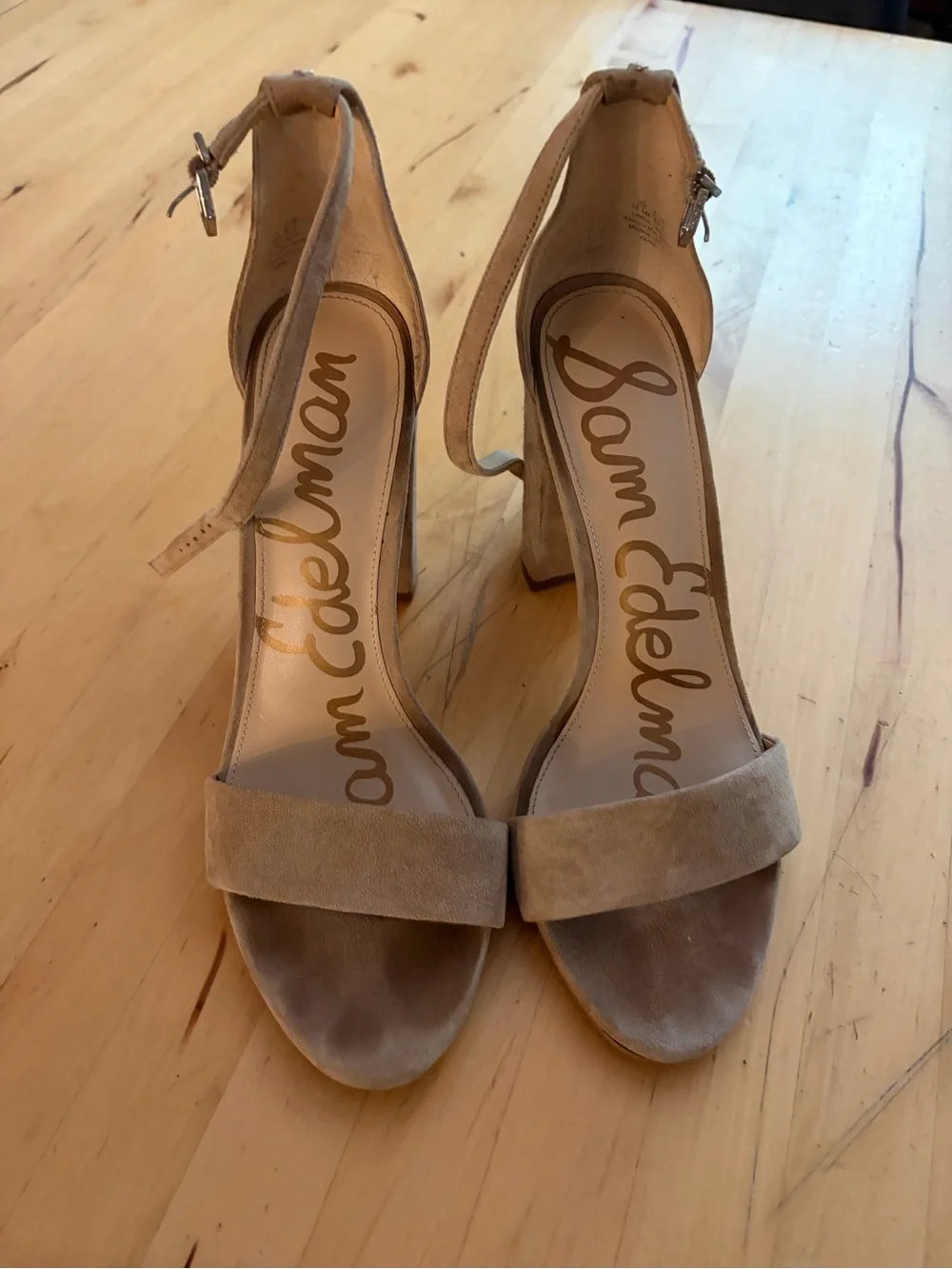 Sam Edelman Suede Ankle-Strap Block Heel in Taupe
